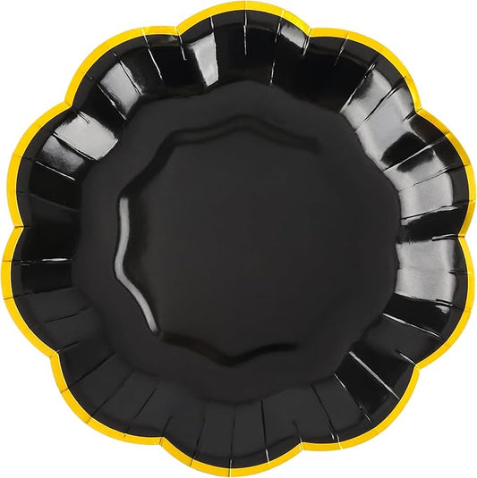 AimFun 24 Pcs Graduation Black and Gold Scalloped Paper Plates 7 Inch Disposable Dessert Plates with Gold Foil Elegant Cake Plate for Wedding Birthday Baby Shower Party Supplies