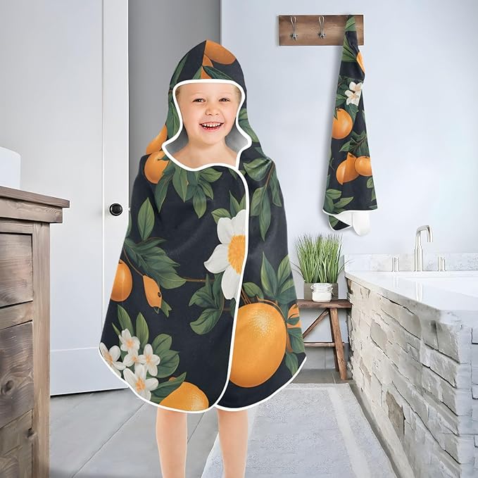 Hooded Towel for Kids Orange Fruit and Flowers Pattern Beach Wrap Bath Towels 50x23.5in