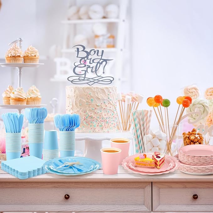 Ziliny 200 Pcs Light Blue Plates and Napkins, 25 Guest Spring Party Supplies Include Scalloped Paper Plates Napkins Cups Plastic Spoons Forks Knives Disposable Tableware Set for Baby Shower