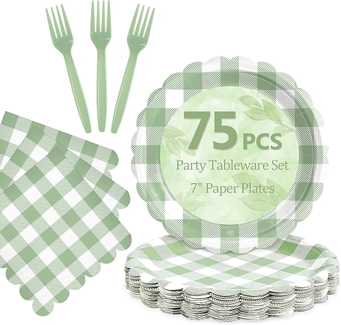 Mulbozy 75 Sage Green Gingham Plates and Napkins Disposable Set Includes 25 Dessert Cake Scalloped Plates, Cocktail Napkins & Forks, for Fork 25 Guests Holiday Party Supplies.