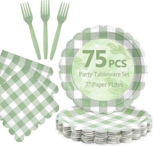 Mulbozy 75 Sage Green Gingham Plates and Napkins Disposable Set Includes 25 Dessert Cake Scalloped Plates, Cocktail Napkins & Forks, for Fork 25 Guests Holiday Party Supplies.