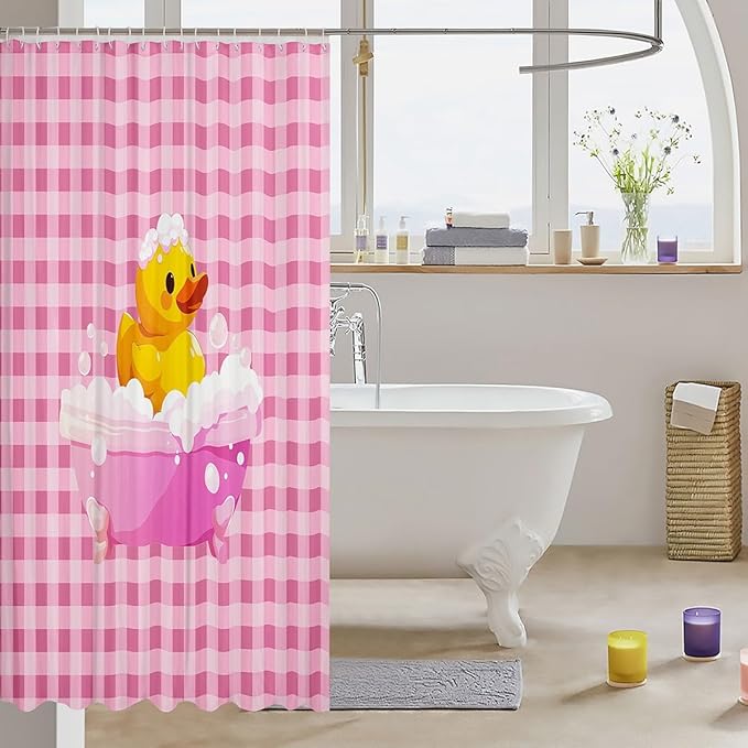 Erosebridal Kids Cute Yellow Duck Shower Curtain Girls Pink Grid Plaid Bath Curtain Farmhouse Pet Animal Bathroom Accessories Cartoon Ducks Fabric Shower Curtains,72" Wx84 L for Teens Boys
