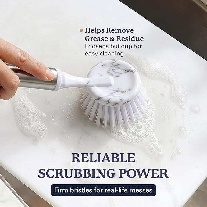 Farberware Dish Brush with Handle – 2 Pack Kitchen Scrub Brush for Dishes, Non-Scratch Dishwashing Brush Set with Firm Bristles for Pots, Pans, & Sink, Long Handles for Everyday Cleaning