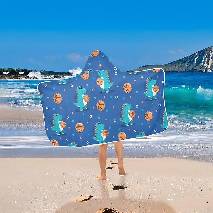 susiyo Kids Hooded Bath Towel Dinosaur Play Basketball Beach Towel for Kids 23.5 x 50 Inch Microfiber Soft Absorbent Quick Dry Bath Swim Pool Towel Wrap Poncho Bathrobe with Hood for Kids Toddler