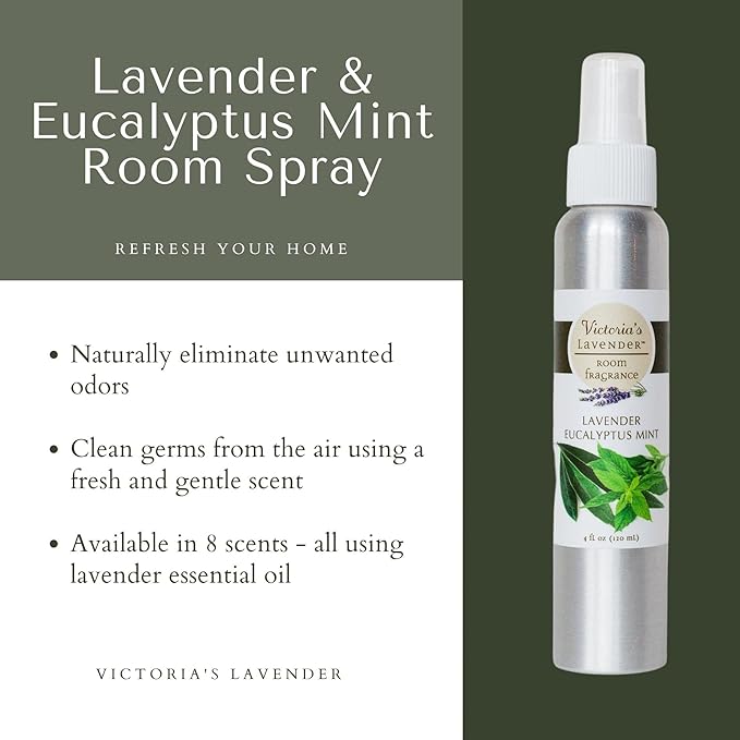 Victoria's Lavender Room Fragrance Spray - Natural Air Freshener & Odor Eliminator, Luxury Essential Oil for Home & Bathroom, Aromatherapy, Ideal Holiday Gift, Lavender Eucalyptus Mint - 2 Pack, 4 oz