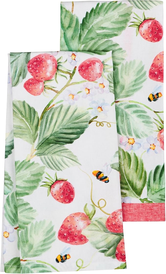 Maison d'Hermine Kitchen Towels Set of 2 100% Cotton 27.50" x 20" Reusable Cloth Tea Dish Towels Absorbent with Hanging Loop for Kitchen, Home, Dining, Cocktail Parties (Strawberry Summer)
