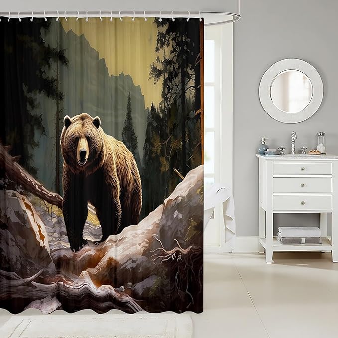 Feelyou Kids Cabin Bear Shower Curtain Farmhouse Bear Animal Bath Curtain for Teens Decor Smoky Mountain Bathroom Shower Curtain Set Black Brown Kids Bathroom Accessories 72"x78"