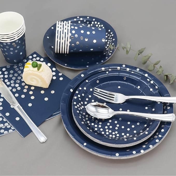 168Pcs Navy Blue Plates and Napkins Party Supplies, Navy Blue Paper Plates Serve 24, blue and Silver Party Decorations, for Fathers Day, Graduation, 4th of July, Hanukkah Party