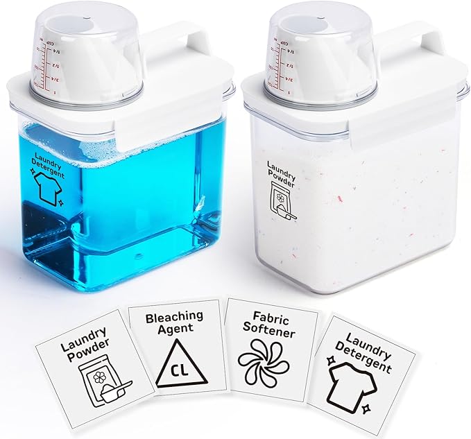 Laundry Detergent Dispenser-2 Pack, 37 oz Detergent Dispenser with 4 Removable Labels, Laundry Soap Dispenser for Laundry Room Organization and Storage, BPA Free & PET Plastic Clear