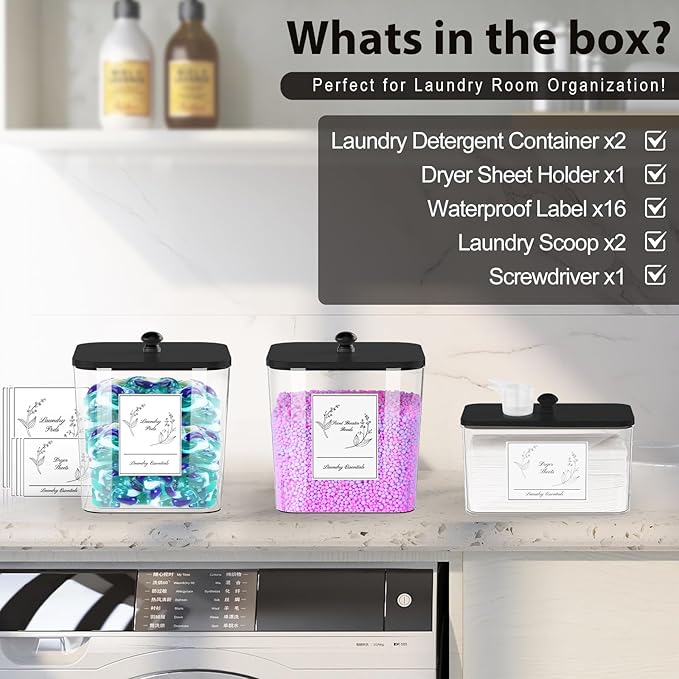 COAZEX 3 Pack Plastic Laundry Pods Container & Dryer Sheet Holder, Laundry Room Organization and Storage Jars with Lids, Scoops & Labels for Detergent, Powder, Scent Booster(Black Lid)