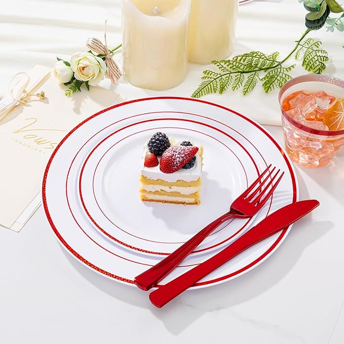 WELLIFE 350 Pcs Red Plastic Plates for 50 Guests - Plastic Dinnerware Set,Valentines Party Supplies Includes 100 Red Plates,150 Silverware,50 Napkins,50 Cups, Valentines Plates