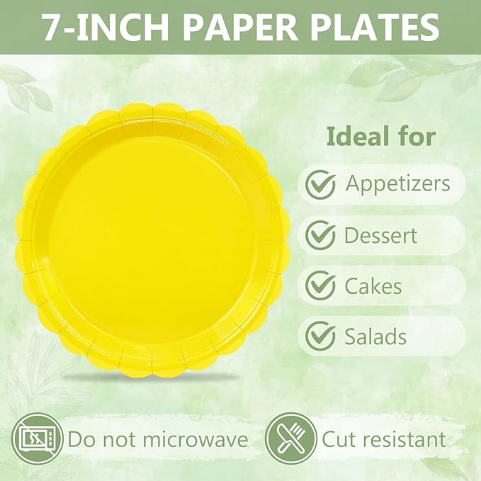 Mulbozy 75 Yellow Plates and Napkins Disposable Set Includes 25 Dessert Cake Scalloped Plates, Cocktail Napkins & Forks, for Fork 25 Guests Holiday Party Supplies.