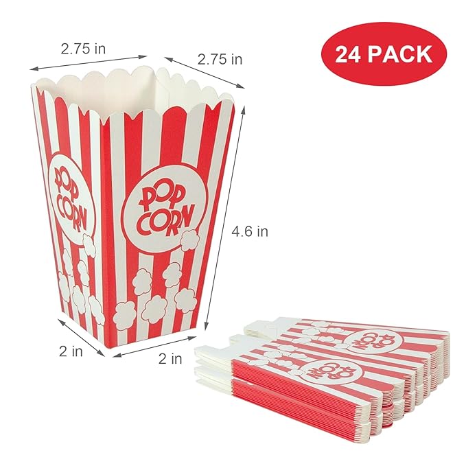XIEHE 24 Pack Striped Popcorn Boxes - Carnival Parties Mini Paper Popcorn and Candy Containers, Party Supplies for Movie Nights (pop corn)