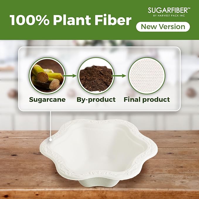 12oz Compostable Bowls[400 Pack] - Disposable Paper Dessert Bowls, White Scalloped Floral Ice Cream Bowls, Eco Friendly Biodegradable Bagasse Party Bowls, Plastic-Free Bulk Bowls, New Version