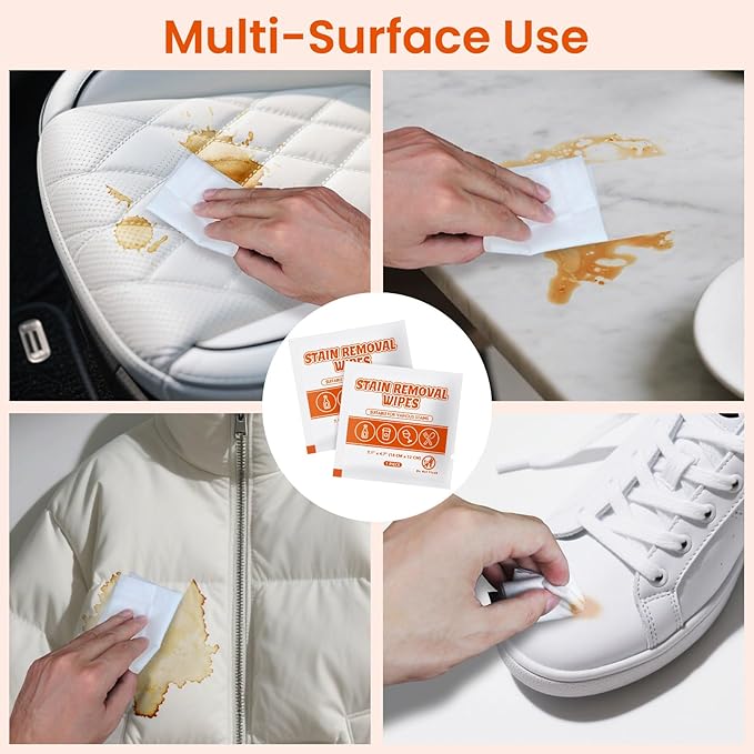 Stain Remover Wet Wipes Bulk, Individual Wrapped Clothes Portable Travel Messy Eater Cleaning Laundry Stain Removal Wipes Pocket Size for Clothing Fabric/Shoes/Wine/Fast Food 7.1 x 4.7 Inch (White 50)