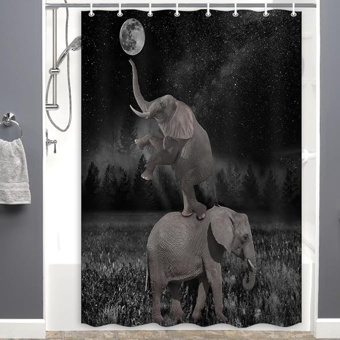 Boziqr Funny Shower Curtains for Bathroom, Cute Elephant Moon Forest Bath Curtain, Rustic Farmhouse Decor Polyester Fabric Fun Cool Animals Black 48 x 70 Inches