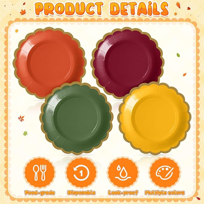 48 Pcs Fall Paper Plates 7 Inch Thanksgiving Dessert Scalloped Edge Disposable Gradient Color Dinner Plates for Fall Wedding Birthday Baby Shower Party Supply