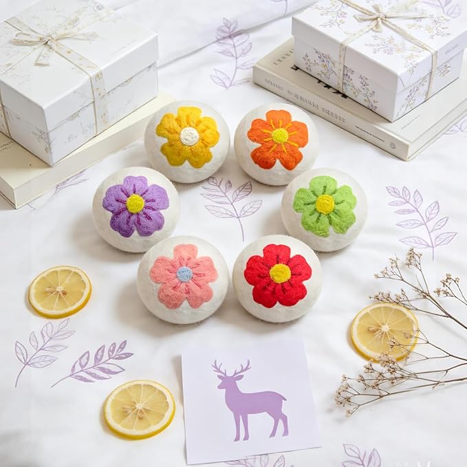 Wool Dryer Balls XL 6 Pack, Reusable Laundry Dryer Balls with Cute Floral Design, Reduce Drying Time, Soften Clothes, Anti Static, Eco Friendly Dryer Sheets Alternative