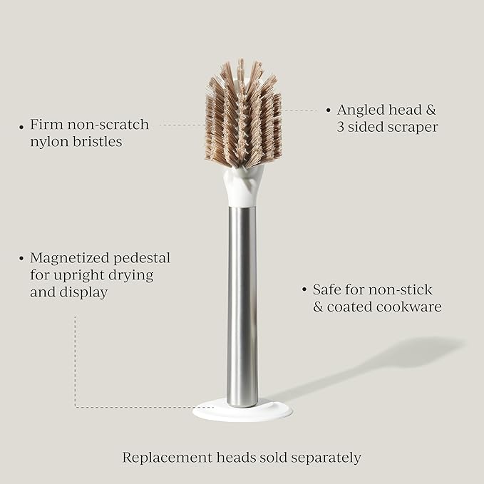 Curio Home Goods Ionic Dish Brush, Magnetized to Stand Upright, Stainless Steel with Replaceable Head, Silver