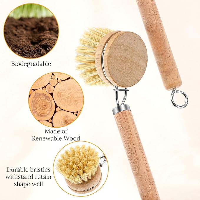 12-Piece Wooden Kitchen Dish Brush Set with One Bamboo Handle & 11 Replacement Heads, Natural Fiber Scrubber for Pots Pans Bottles Vegetables Cleaning