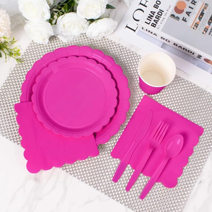 Vyntra 175 Pcs Hot Pink Disposable Paper Plates and Napkins Set for 25, 9" Dinner Plates & 7" Dessert Plates, Tableware for Birthday, Bachelorette, Party