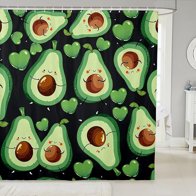 Manfei Kids Cute Avocado Shower Curtains Green Grey Hearts Print Bathroom Curtains for Girls Teens, Cartoon Fruits Theme Waterproof Bath Curtains with 12 Hooks Suits for Bathtub, 72" W x 84" L