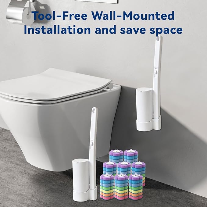 2-Pack Disposable Toilet Bowl Cleaner Wand Kit, Wall-Mounted Space-Saving Brush Set with 56 Preloaded Fluid Refills for Multi-Bathroom & RV Deep Cleaning