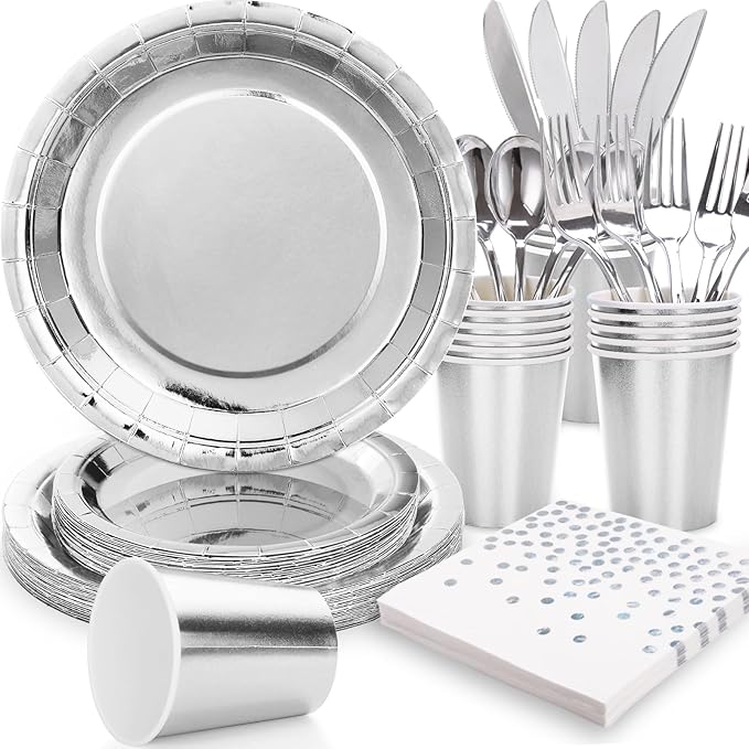 Silver Plates Party Supplies Disposable Dinnerware Set,168pcs Silver Paper Plates and Napkins for Graduation Holiday Disco Birthday Party Decorations Serves 24