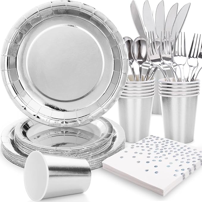 Silver Paper Plates and Napkins Party Supplies,350pcs Silver Plates Disposable Dinnerware Set for Anniversary Graduation Holiday Disco Birthday Party Decorations Serves 50