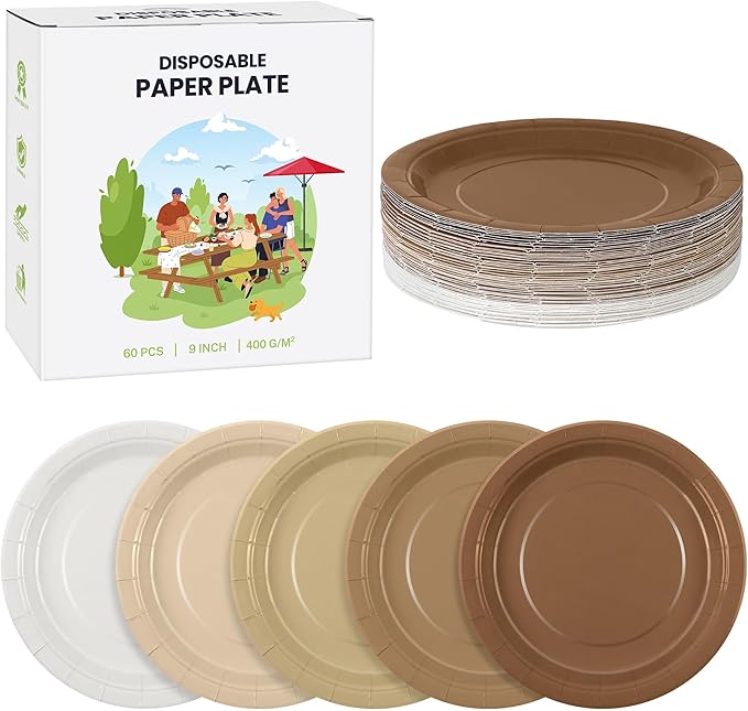 Kochorie 60 Pieces Gradient Brown Disposable Paper Plates 9 Inch Heavy Duty Dinner Plates, Solid Color, Table Decorations Party Supplies for Birthdays, Weddings, Daily Use