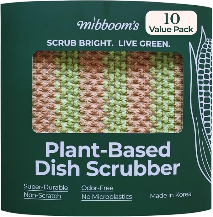 mibboom's Plant-Based Dish Scrubber [10 Pack] - Non-Scratch Corn Scourer, Odor-Free Kitchen Sponges, No Microplastic Dish Cloths for Nonstick Pans, Made in Korea