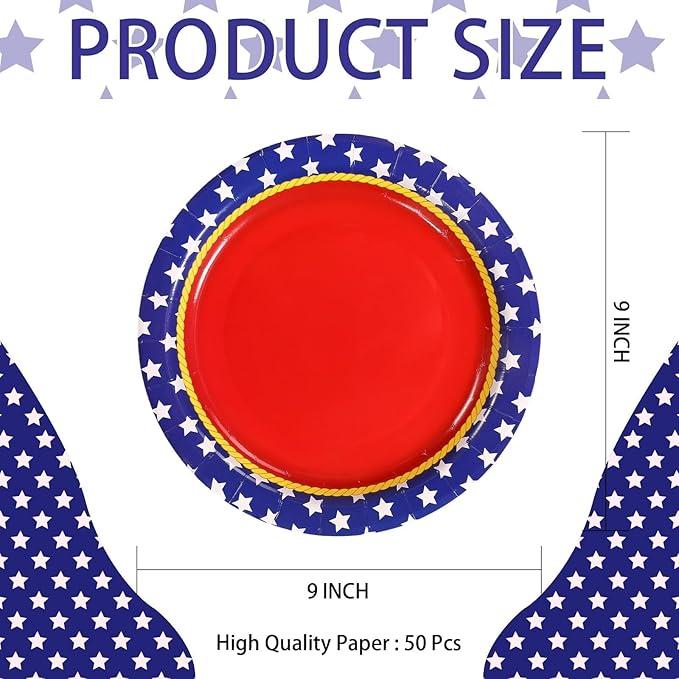 50Pcs Red White and Blue Round Paper Plates 9 Inch Super Theme Hero Red Stars Birthday Dessert Plates Girl Hero Theme Party Decorations for Women Girls Super Patriotic Labor Day Party Decorations
