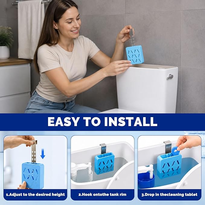Toilet Tank Tablet Holder Adjustable 6 Levels, Silicone Toilet Cleaner Holder with Stainless Steel Hook, Hanging Bleach Tablet Holder, Prevents Flapper Jam, Universal Fit for Toilet Tank