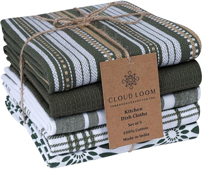 Assorted Kitchen Towels Large 16x26 inch 100% Cotton Set of 5 - Soft Absorbent Washable Tea Towel for Kitchen - Dish Cloths Towel with Hanging Loop - Quick Drying Dish Towels Green