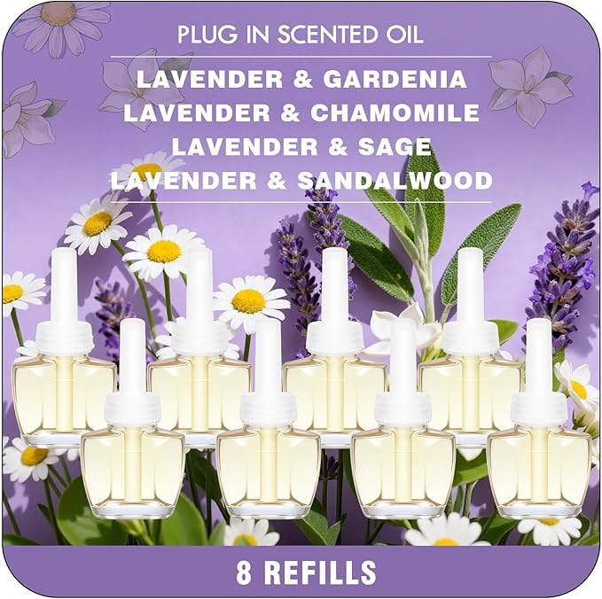 Plug In Refills Air Freshener, Lavender & Gardenia, Lavender & Chamomile, Sage, Sandalwood, for Home and Bathroom, 5.28 Fl Oz 8 Count, Compatible with Air Wick & Glade, Not Include Glade Plus
