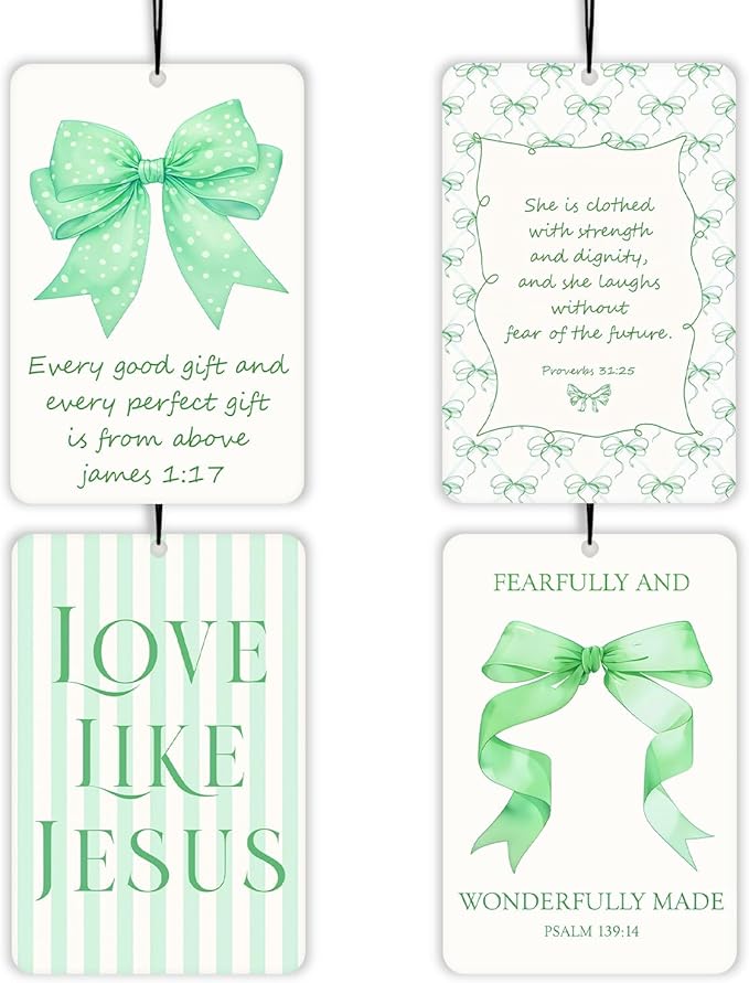 Coquette Green Bow Christian Lavender Car Air Freshener 4 Pcs, Preppy Girly Bible Verse Air Freshener Hanging Decor for Cars Closet Drawer Books, Christian Accessories Gifts for Women Girls