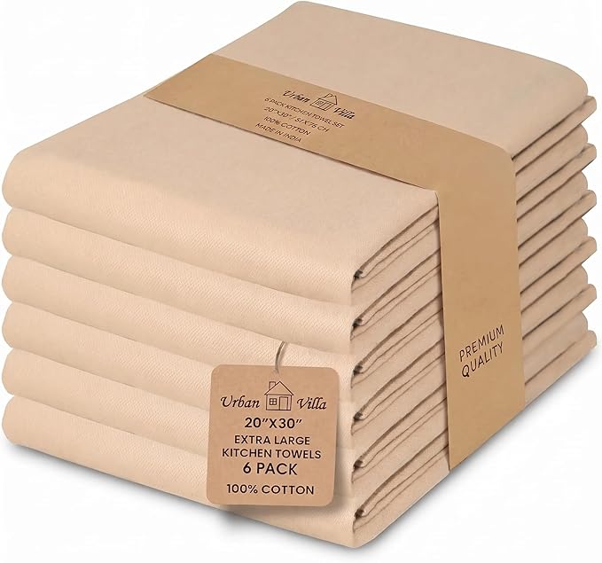 Urban Villa Kitchen Towels 100% Cotton Dish Towels for Kitchen(Set of 6)20”x30” Dish Cloths Highly Absorbent Kitchen Linen Set with Hanging Loop Perfect for Drying Dishes Cleaning Hand Towels – Beige
