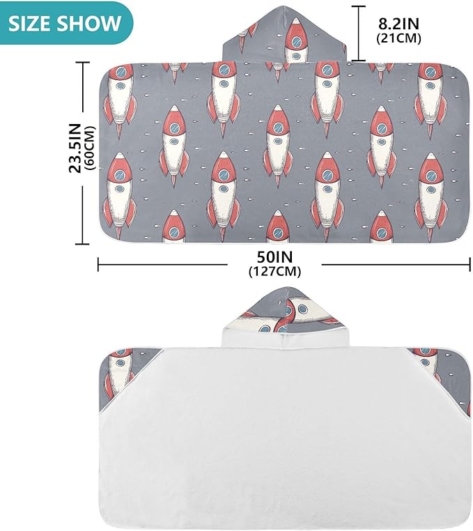 Hooded Beach Towel for Kids Cartoon Space Rockets Gray Hooded Beach Bath Towel Soft Toddler Towels