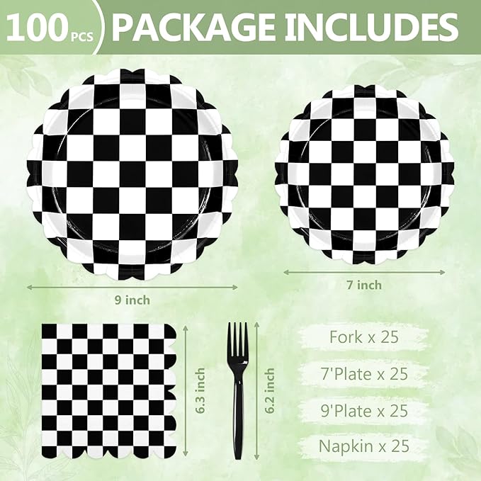 Mulbozy 100 Black Checkered Plates and Napkins Disposable Set Includes 25-9" & 25-7" Dessert Cake Scalloped Plates, Cocktail Napkins, Forks for for Holiday Party Supplies