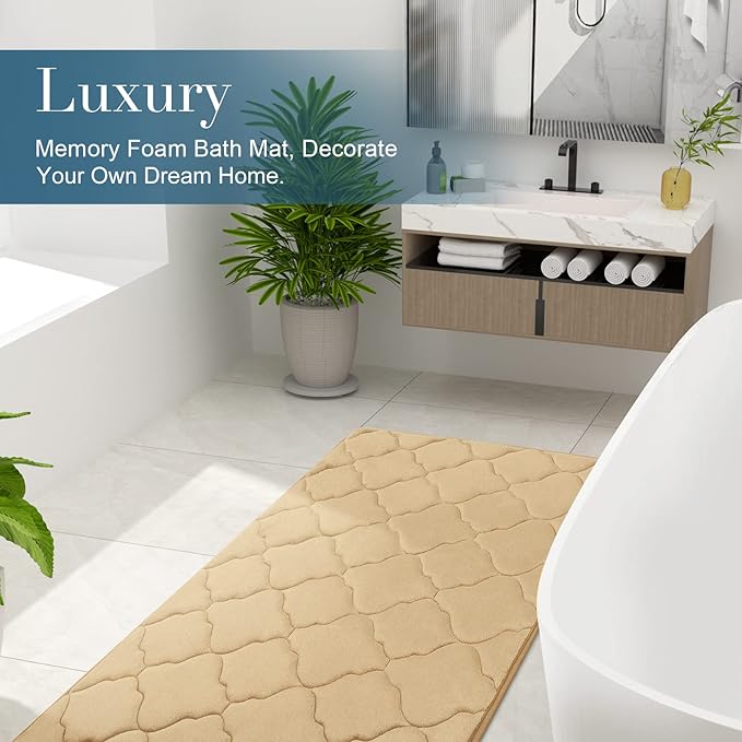 OLANLY Memory Foam Bath Mat Rug 36x24, Ultra Soft and Absorbent Bathroom Rugs, Non-Slip, Comfortable, Machine Washable Bath Carpet for Bathroom Floor, Tub, Shower and Home Decor Accessories, Beige