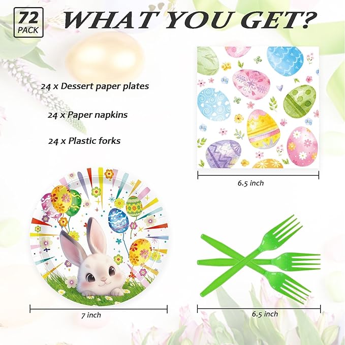 72 Pcs Easter Paper Plates 7in Disposable Bunny Dessert Plates Napkins and Forks Easter Party Tableware Set Decoration Supplies for Spring Birthday Baby Shower Party, Serve 24