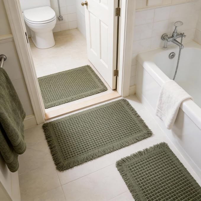 Waffle Bathroom Rugs, Non Slip Absorbent Waffle Knit Bath Mat for Shower Floor, Tub and Bathroom Door, Ultra Soft Quick Dry, Olive Green, 17''x24''