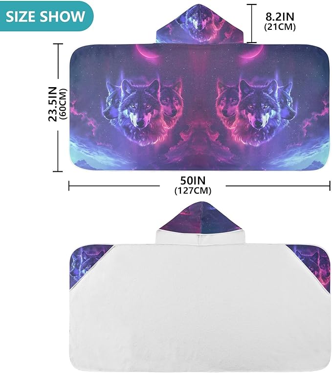 Hooded Towel for Kids Neon Wolves with Sharp Eyes Beach Wrap Bath Towels 50x23.5in