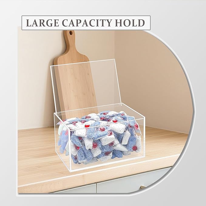Dishwasher Pod Holder Acrylic with Hinged Lid, Modern Style Dishwasher Cleaner Tablets Container Box for Detergent, Clear