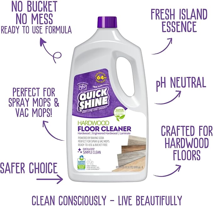 Quick Shine Hardwood Floor Cleaner 64oz, 4Pk| Use in Spray & Vac Mops| Removes Dirt & Scuff Marks| Ready-to-Use, Streak Free, No Rinse| Safer Choice Cleaner| Perfect for Gentle and Effective Cleaning