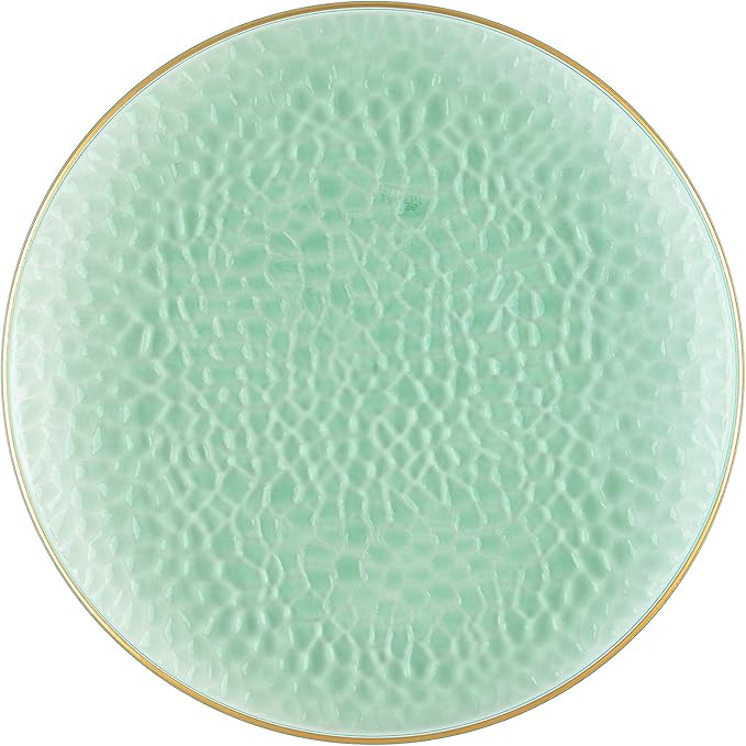 PLASTICPRO 30 Pack Hammered Plastic Plates Heavyweight Disposable Plastic Plates Elegant Clear Hammered Rim Platsic Party Dishes (Hamered Green With Gold Rim, 10'' INCH PLATES)