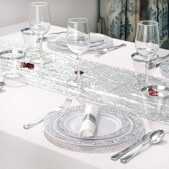 WELLIFE 350 Pieces Silver Disposable Plastic Dinnerware, Includes:50 Dinner Plates, 50 Dessert Plates, 50 Cups, 50 Pre Rolled Napkins with Silver Cutlery