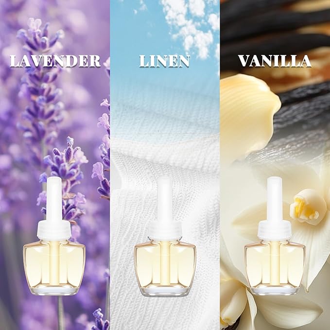 Plug in Air Freshener Refills – 12 Pack (7.92 Fl Oz), 3 Scents: Lavender, Linen & Vanilla – Compatible with Air Wick & Glade, Not Include Glade Plus – Wall Plug In Refills for Home, Bathroom
