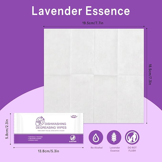 Dish Wipes for Camping Individually Wrapped Dish Cleaning Wipes Travel Lavender Scent 7.7”x 7.3” Disposable for Kitchen Outdoor Traveling RV Quick Clean (Pack of 50)