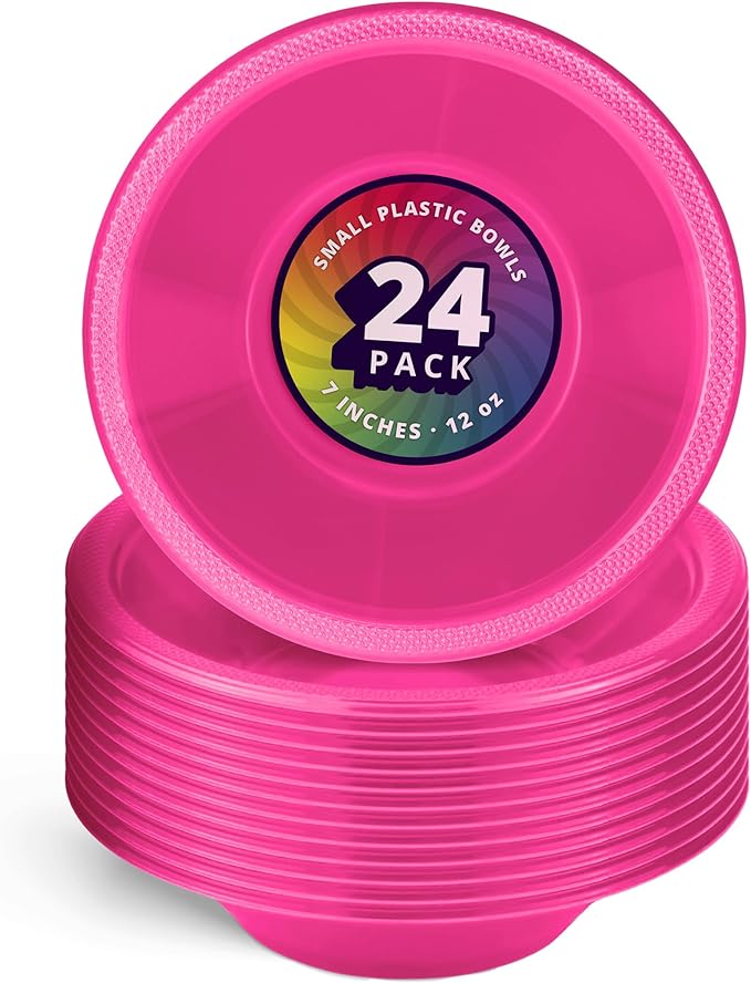 DecorRack 24 Small Plastic Bowls, 7 inch Disposable 12 oz Serving Bowl, Fruit Snack, Popcorn, Soup, and Salad, Kids Birthday and Holiday Party Supplies, Fuchsia (Pack of 24)